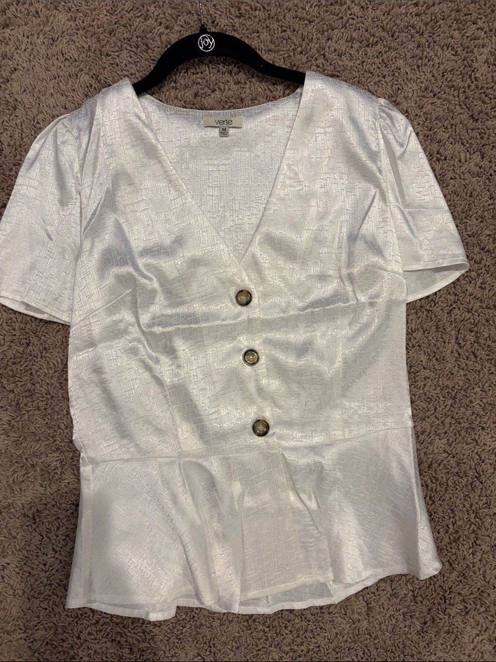 Verte White Textured V-Neck Button Peplum Blouse